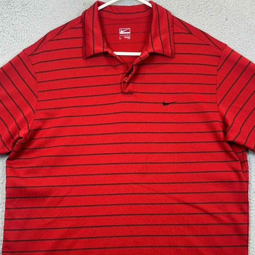 Nike Performance Polo Shirt Mens Large Red Black Striped Golf Rugby Short Sleeve